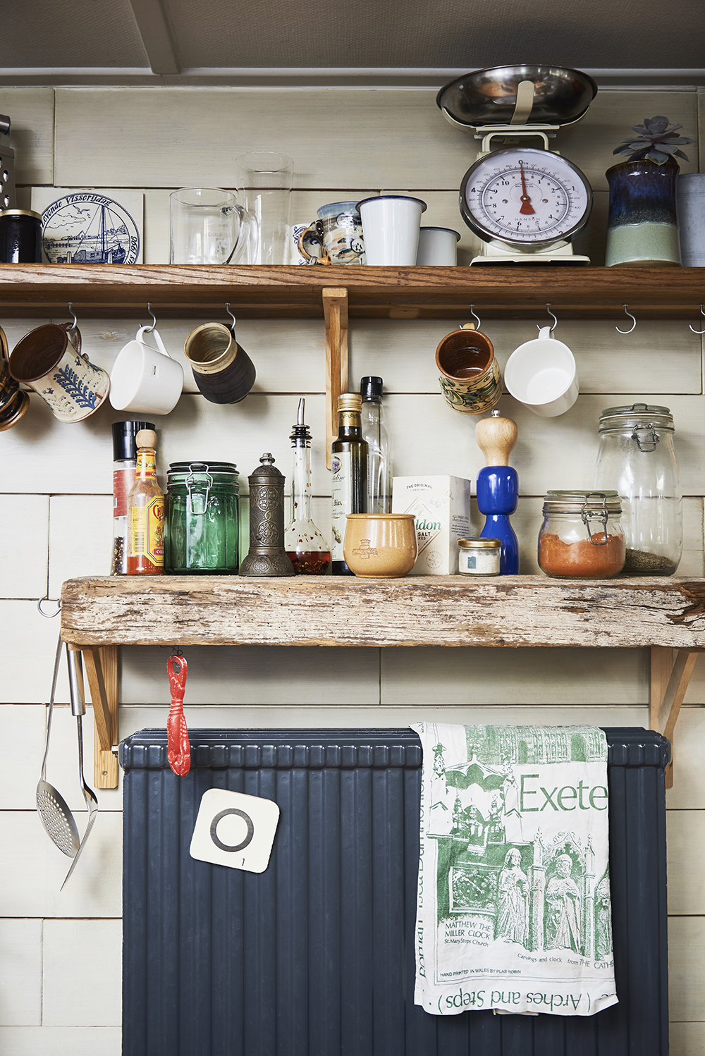London house boat tour - reclaimed kitchen shelving