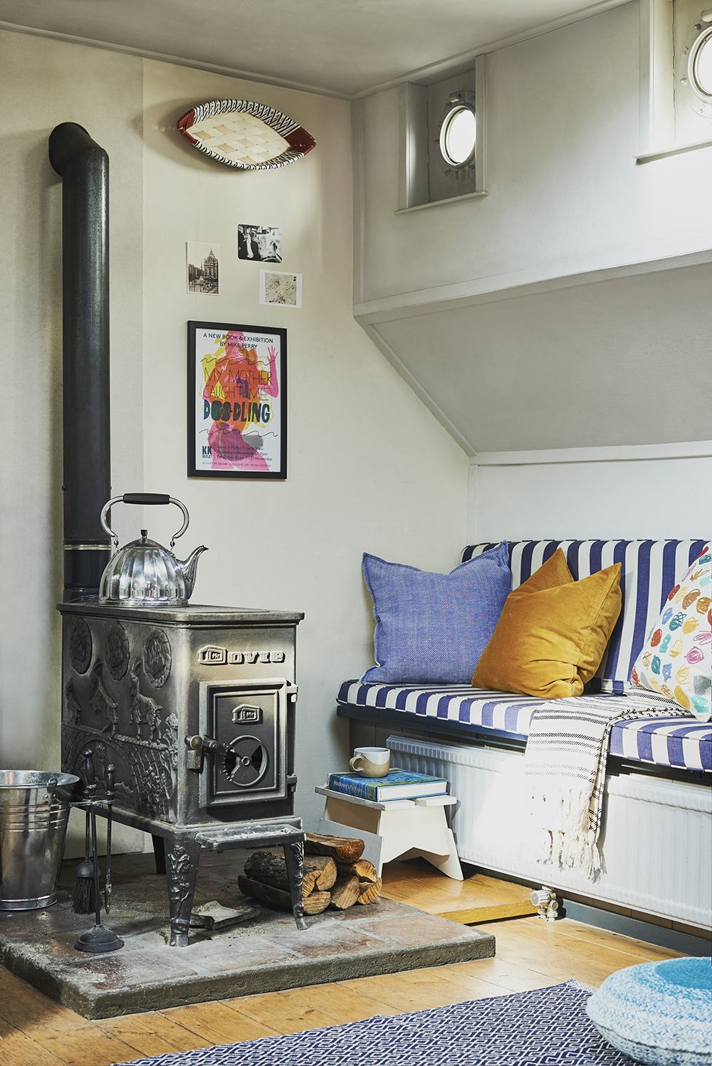 wood-burning stove in London house boat