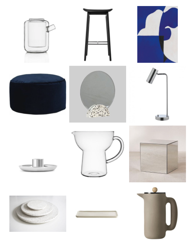 Teapot 2/3 Cups by Ichendorf Milano, €29.50 - New Forms Design / NY11Bar Chair by Norr11, £215.20 (on sale) - Clippings / November #01, €87 - Aure Studio / Lux Velvet Floor Cushion in Navy Velvet, £69 - Made.com, Hubsch Terrazzo …