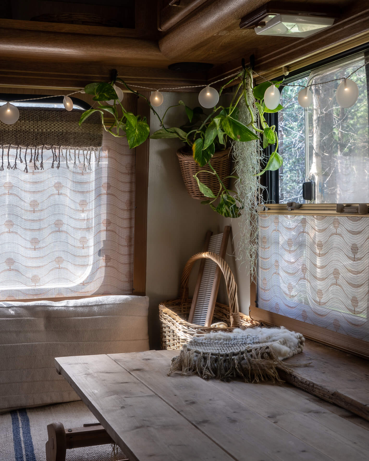 interior of camper van decorated with natural materials