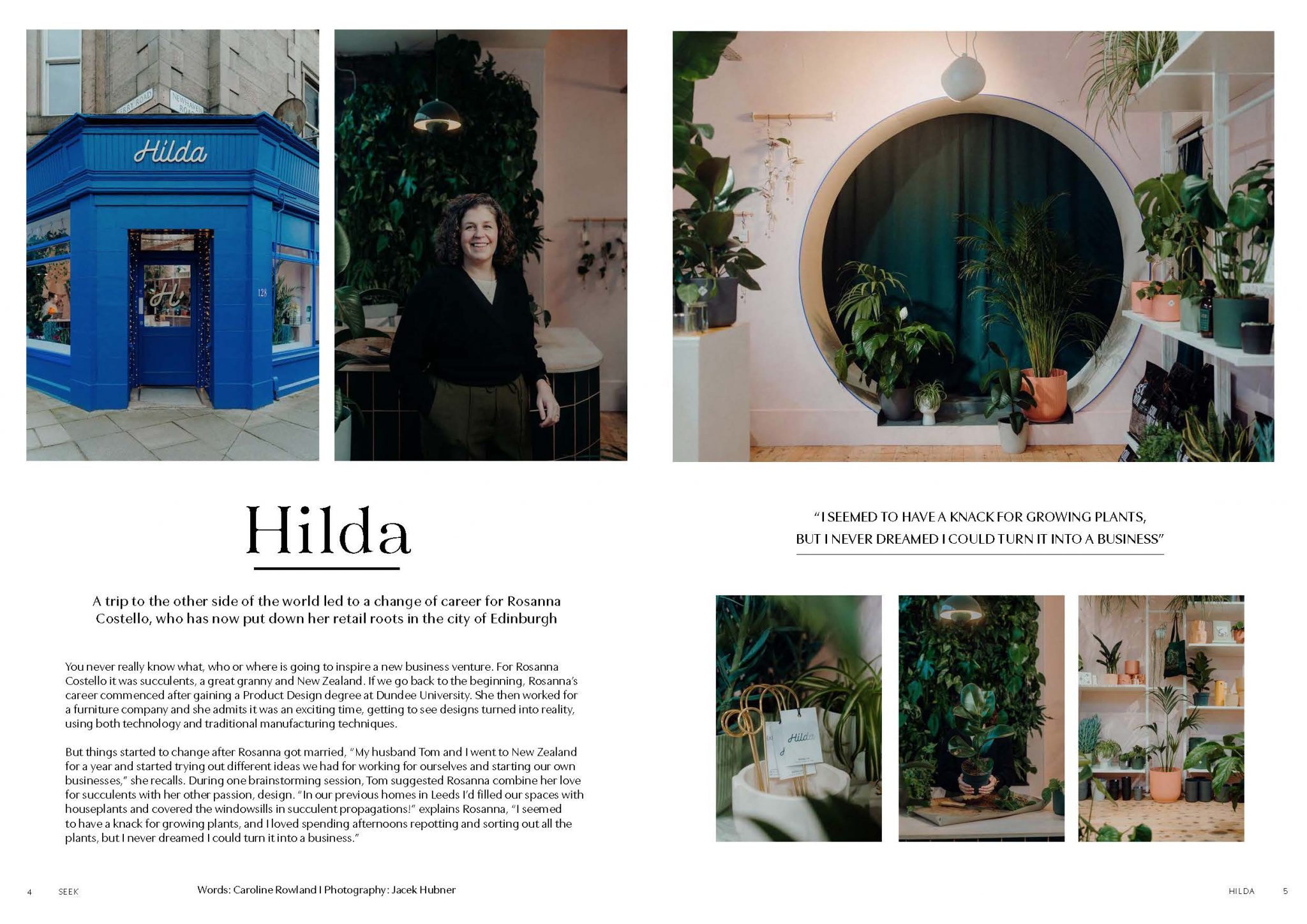 Spread from 91 Magazine Seek Inspire Create e-zine, featuring Edinburgh plant shot shop Hilda.