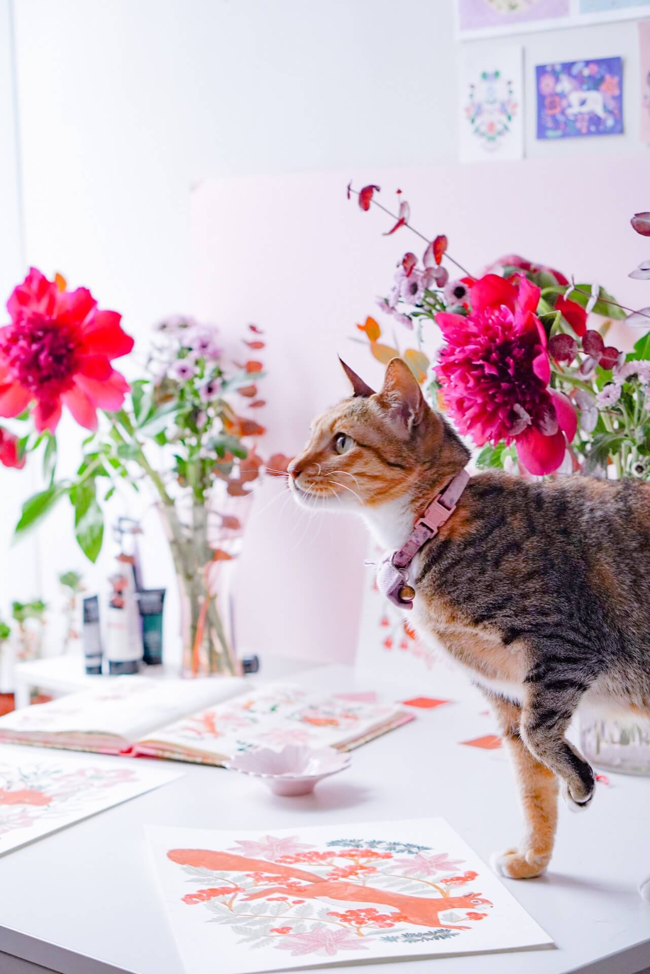 Colourful, nature-inspired paintings and prints with tabby cat inside Gina Maldonado's Hong Kong studio