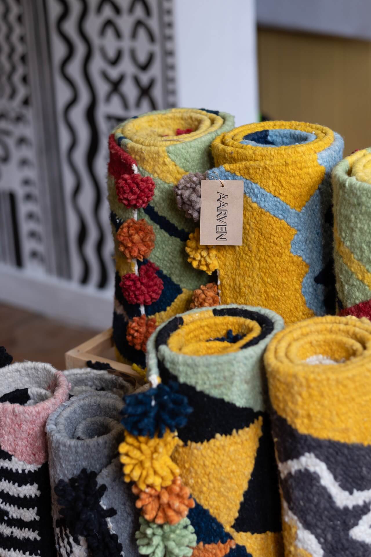 Ethically made rugs inside sustainable homeware and jewellery store AARVEN, Margate