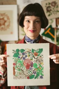 British illustrator and printmaker Rachel Snowdon inside her Devon studio