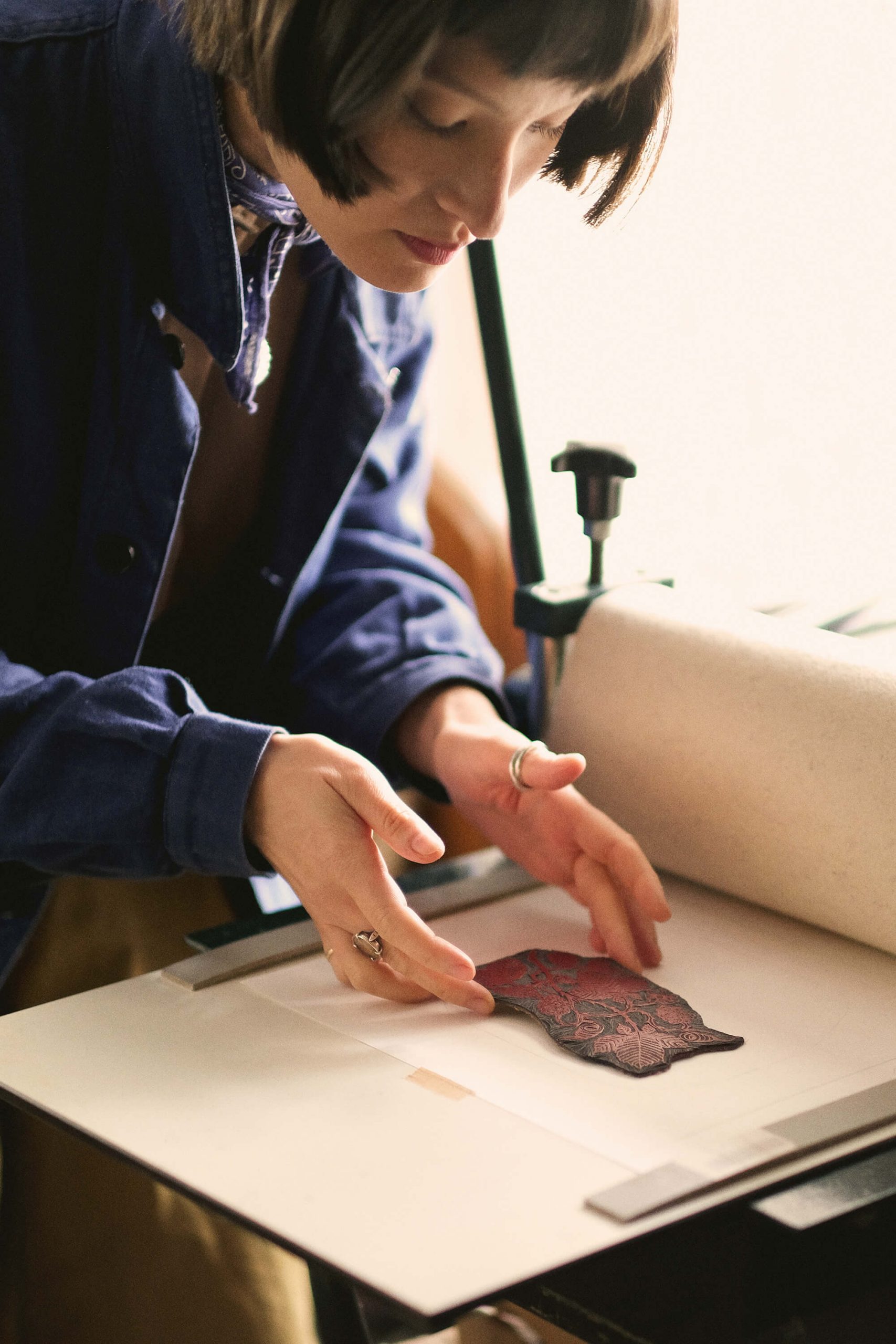 British illustrator and printmaker Rachel Snowdon inside her Devon studio