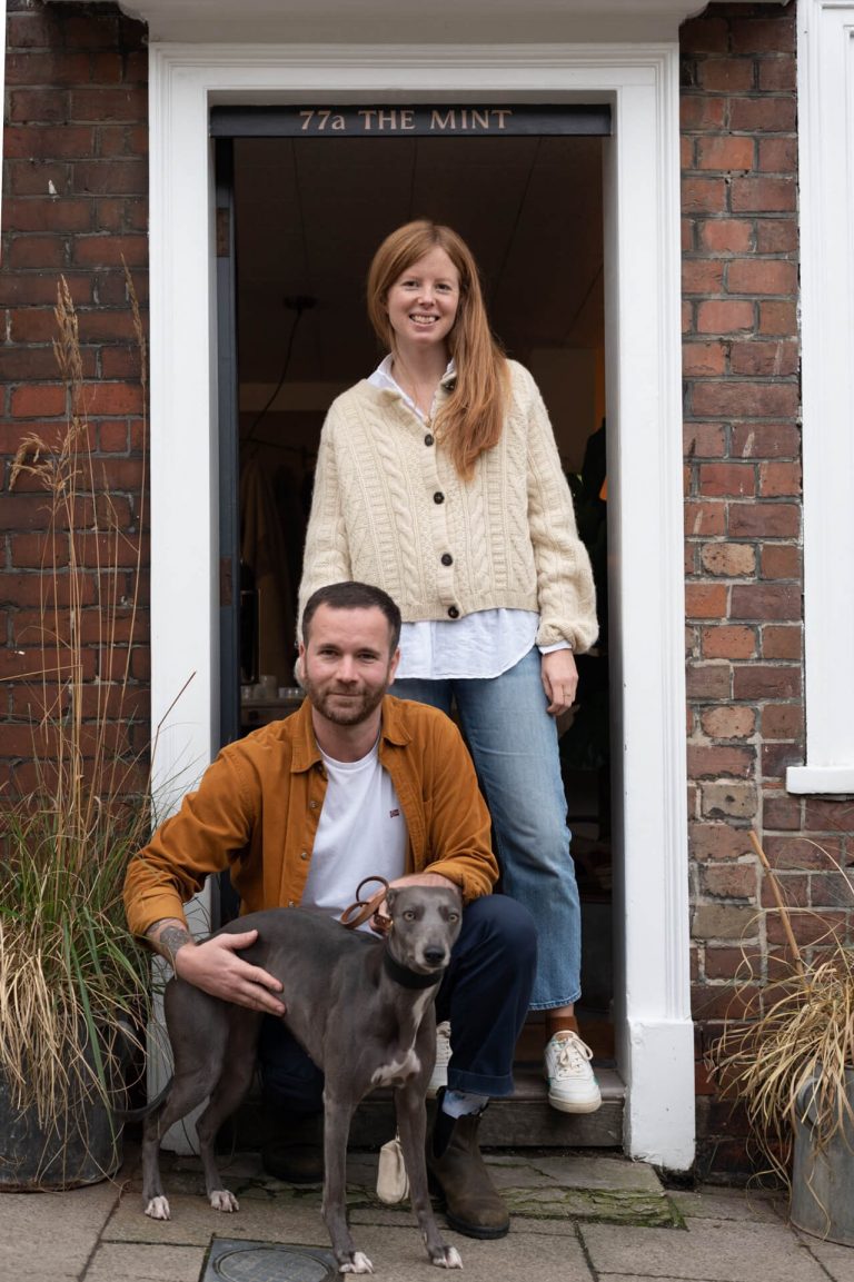 Owners Alexa and Eduardo with their dog, Ruby, outside independent store Rae Lifestyle in Rye, Sussex